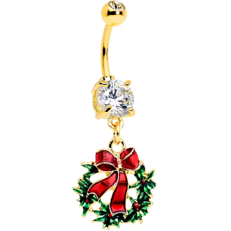 Comfortable Belly Rings with Beautiful Features -Clear CZ Gem Gold Tone Festive Bow Wreath Christmas Dangle Belly Ring Comfortable Belly Rings with Beautiful Features -Clear CZ Gem Gold Tone Festive Bow Wreath Christmas Dangle Belly Ring