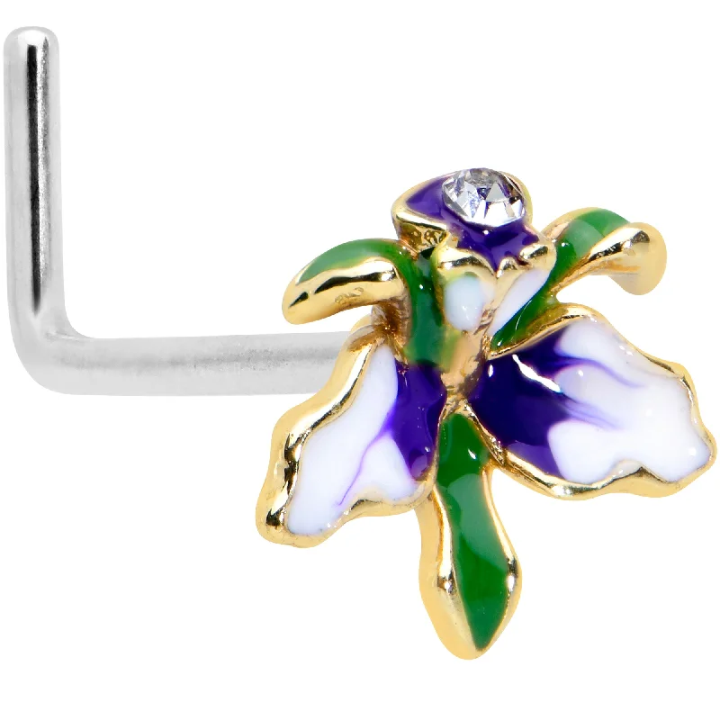 Elegant Gold Nose Rings for Stunning Fashion -20 Gauge 7.5mm Clear Gem Golden Iris Flower L Shape Nose Ring Elegant Gold Nose Rings for Stunning Fashion -20 Gauge 7.5mm Clear Gem Golden Iris Flower L Shape Nose Ring