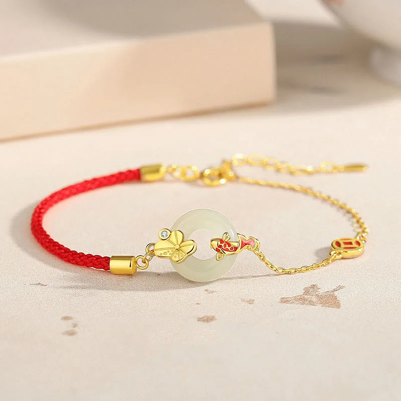 Metal Bangles with Colorful Stones for Women-Buddha Stones Handmade 925 Sterling Silver Hetian Jade Chinese Goldfish Peace Buckle Red Rope Bracelet Metal Bangles with Colorful Stones for Women-Buddha Stones Handmade 925 Sterling Silver Hetian Jade Chinese Goldfish Peace Buckle Red Rope Bracelet