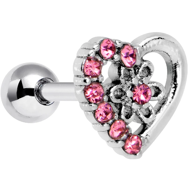 Women's Earrings – Elegant Designs for Every Personality--16 Gauge 1/4 Pink Gem Floral Hollow Heart Cartilage Tragus Earring Women's Earrings – Elegant Designs for Every Personality--16 Gauge 1/4 Pink Gem Floral Hollow Heart Cartilage Tragus Earring