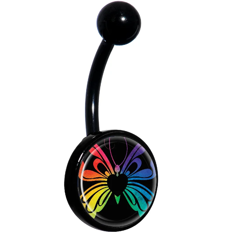 Trendy Belly Rings for Exclusive Fashion -Rainbow Pride Butterfly Black Belly Ring