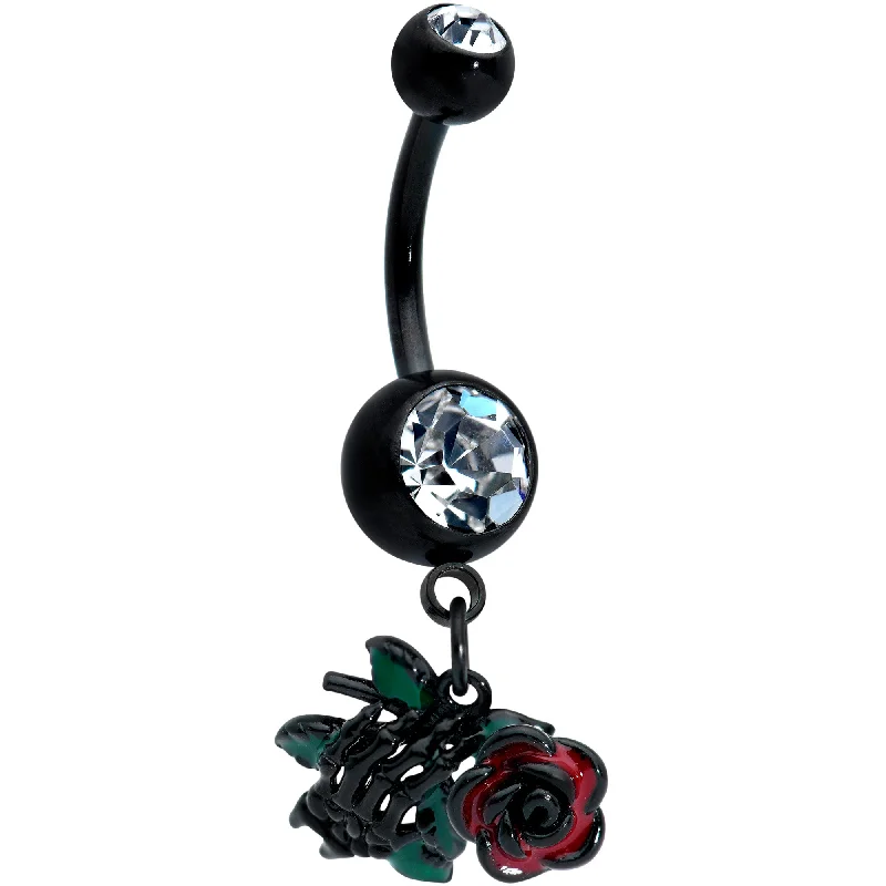 Comfortable Belly Rings with Sleek Finish -Clear Gem Black Skeleton Flower Halloween Dangle Belly Ring