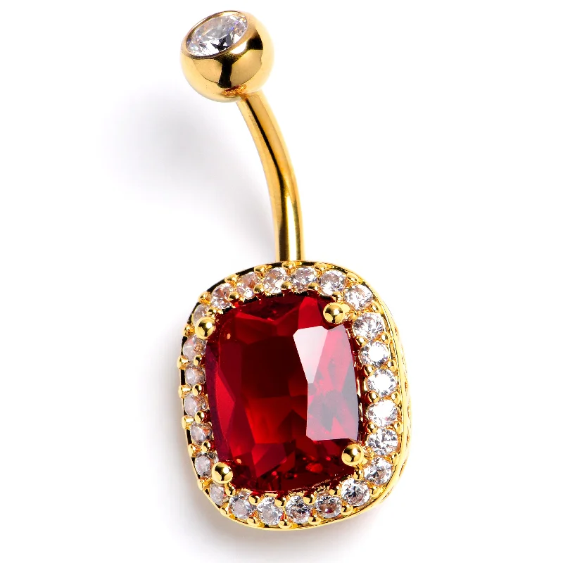 Adjustable Belly Rings for Perfect Fit -Clear Red CZ Gem Gold Tone Rococo Square Belly Ring Adjustable Belly Rings for Perfect Fit -Clear Red CZ Gem Gold Tone Rococo Square Belly Ring