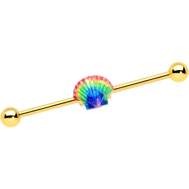 Women's Earrings – Elegant Designs for Every Personality--14 Gauge Gold Tone Rainbow Scallop Shell Industrial Barbell 38mm