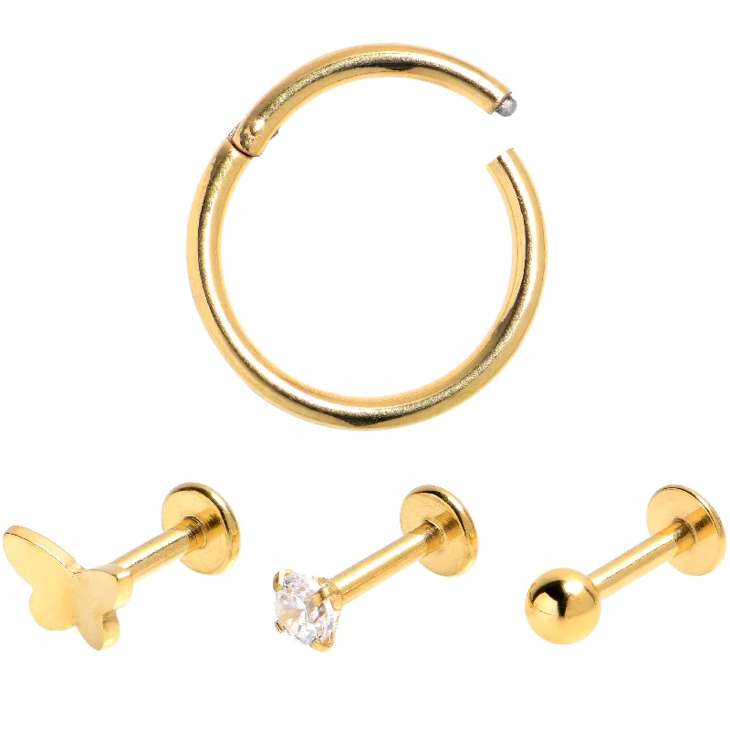 Modern Lip Rings for Trendsetters16 Gauge Clear Gem Gold Tone Simple Labret Segment Ring Curation Set of 4