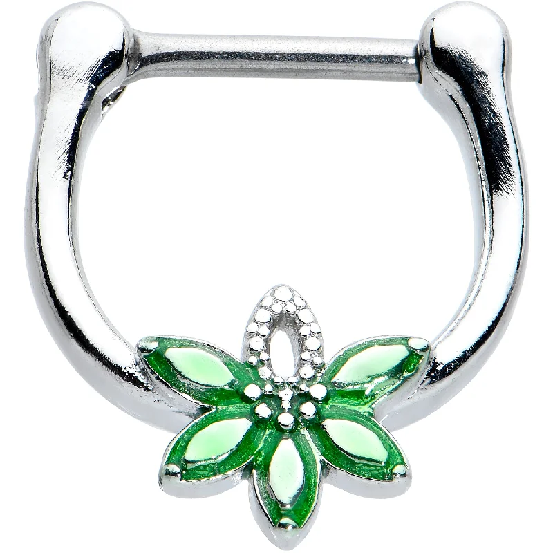 Women's Earrings – Elegant Designs for Every Personality--16 Gauge 5/16 Green Gem Textured Pot Leaf Cartilage Clicker