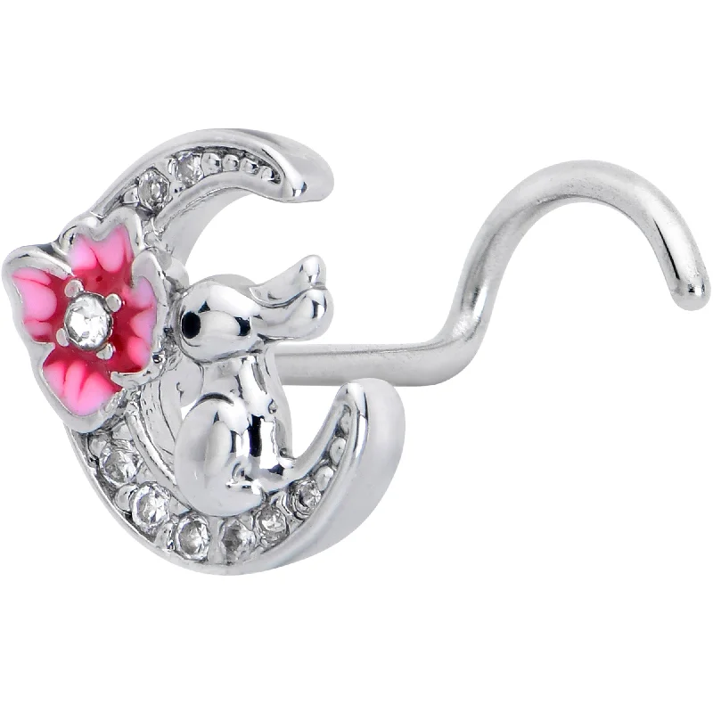 Designer Nose Rings with Unique Style -20 Gauge 7mm Clear CZ Gem Rabbit On The Moon Pink Left Side Nose Screw Designer Nose Rings with Unique Style -20 Gauge 7mm Clear CZ Gem Rabbit On The Moon Pink Left Side Nose Screw