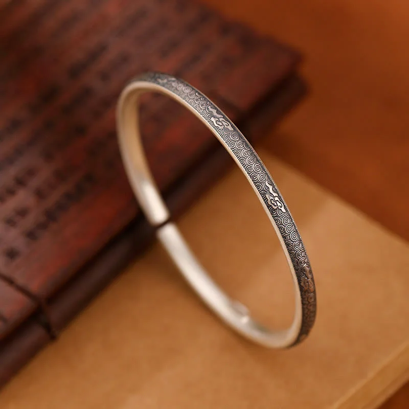 Bangles with Simple Silver Charms for Women-Buddha Stones Vintage 999 Sterling Silver Auspicious Clouds Design Luck Bracelet Bangle