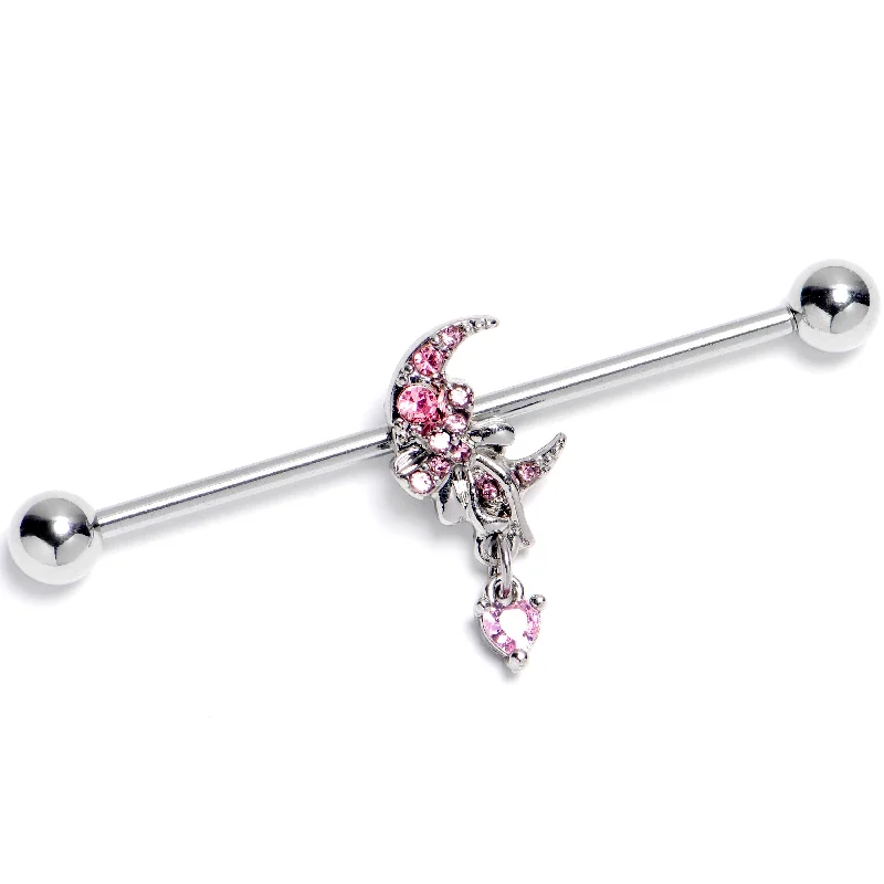 Women's Earrings – Elegant Designs for Every Personality--14 Gauge Pink CZ Gem Moon Bow Heart Dangle Industrial Barbell 38mm