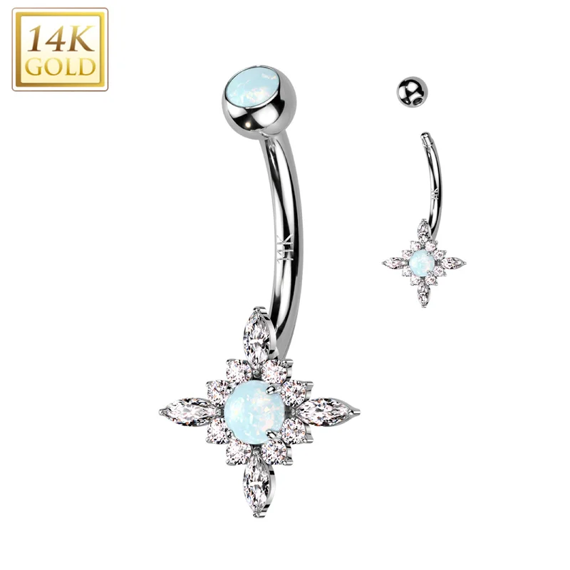 Designer Belly Rings with Artistic Features -14kt Solid White Gold CZ Synthetic Opal Star Burst Belly Ring Designer Belly Rings with Artistic Features -14kt Solid White Gold CZ Synthetic Opal Star Burst Belly Ring