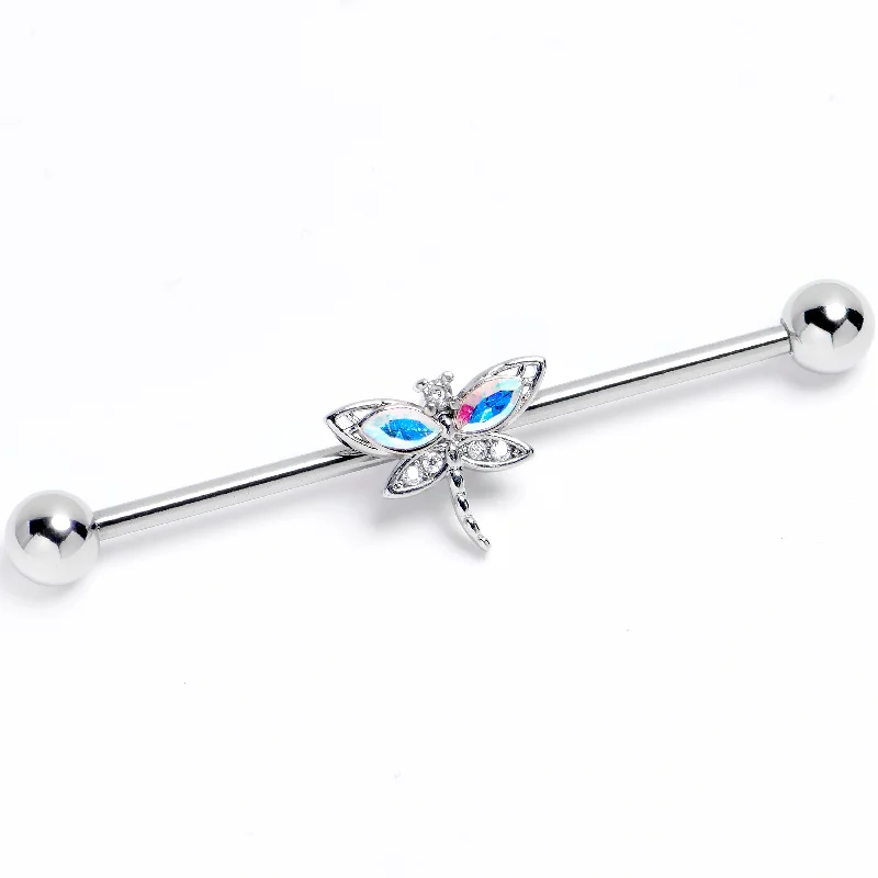 Women's Earrings – Elegant Designs for Every Personality--14 Gauge Aurora CZ Gem Understated Dragonfly Industrial Barbell 38mm