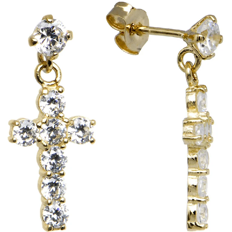 Women's Earrings – Elegant Designs for Every Personality--14kt Yellow Gold CZ Cross Dangle Stud Earrings