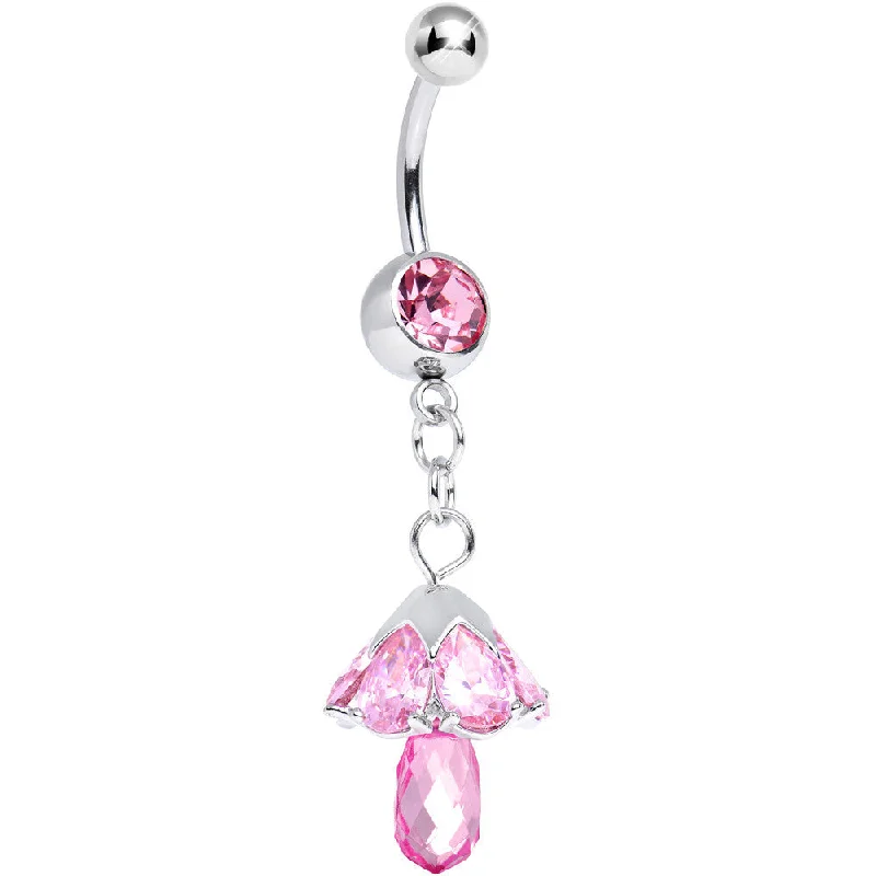 Belly Rings with Beautiful Accents -Pink CZ Fairy Mushroom Dangle Belly Ring