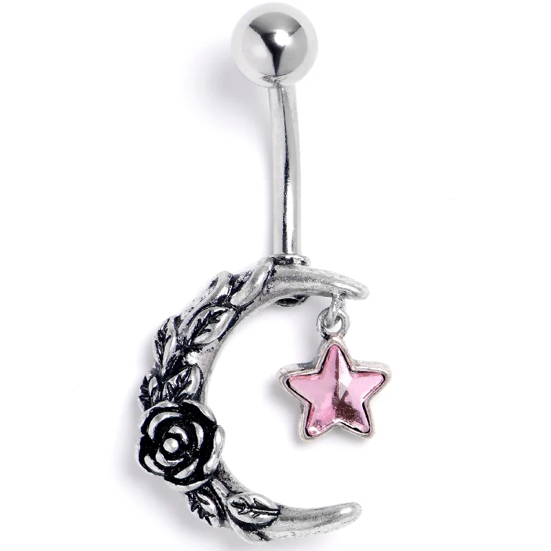 Comfortable Belly Rings for Casual Looks -Pink Gem Ornate Moon Star Belly Ring