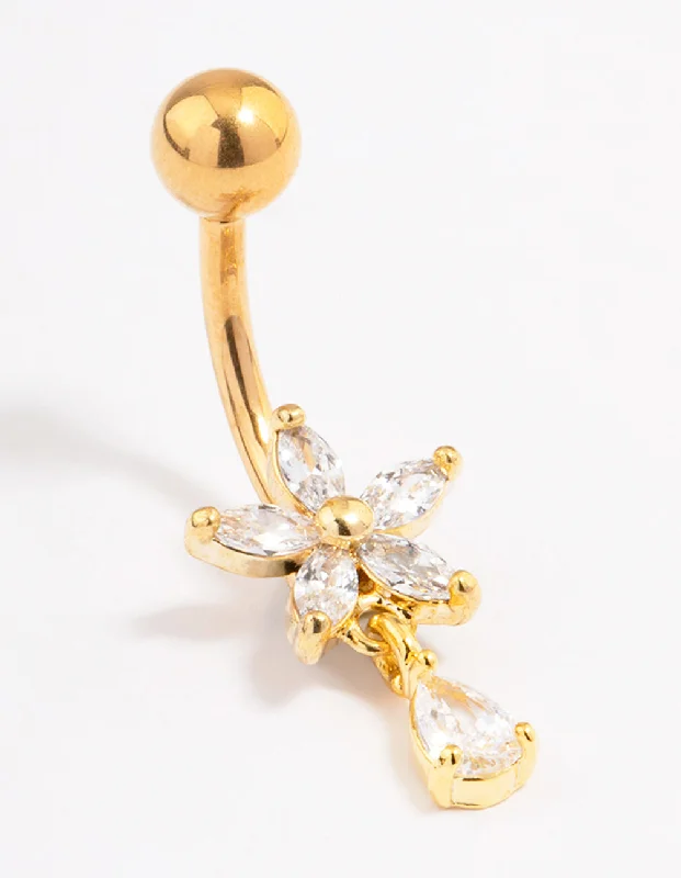 Comfortable Belly Rings for Everyday Use -Gold Plated Surgical Steel Cubic Zirconia Flower Pear Belly Ring Comfortable Belly Rings for Everyday Use -Gold Plated Surgical Steel Cubic Zirconia Flower Pear Belly Ring