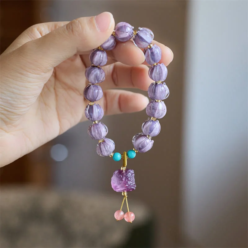 Women's Bangles for Casual Events-Buddha Stones Liuli Glass Bead Lotus Design Fluorite Ivory Fruit Dancing Lion Charm Enlightenment Bracelet Women's Bangles for Casual Events-Buddha Stones Liuli Glass Bead Lotus Design Fluorite Ivory Fruit Dancing Lion Charm Enlightenment Bracelet