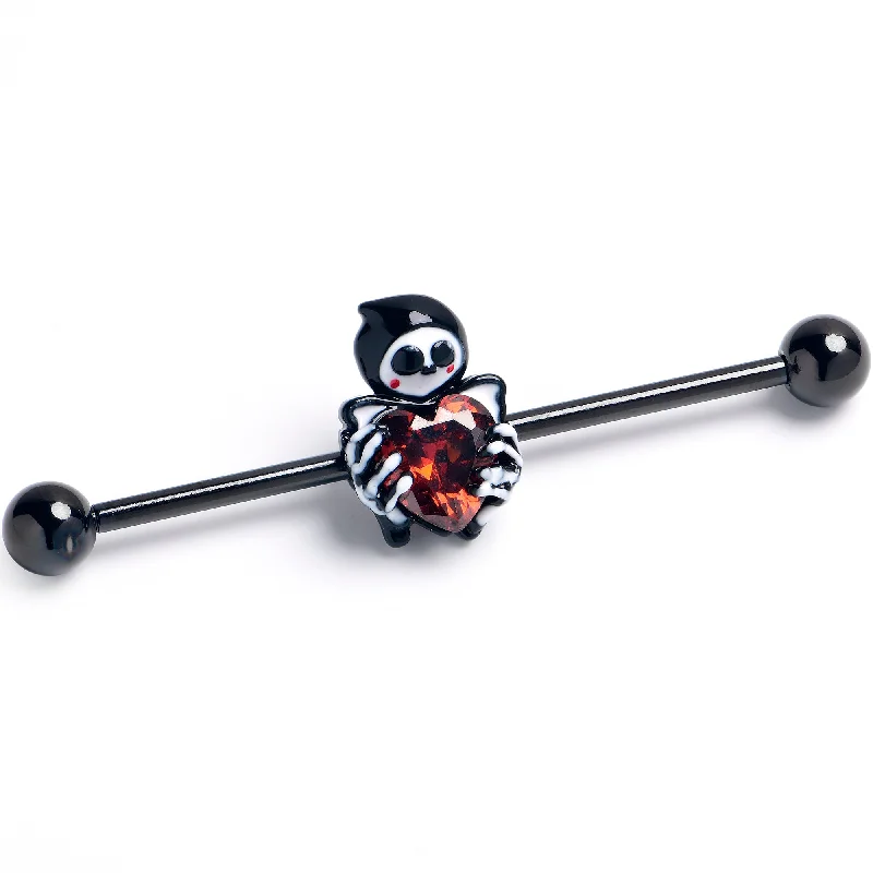 Women's Earrings – Elegant Designs for Every Personality--14 Gauge Red Gem Black Skeleton Heart Industrial Barbell 38mm