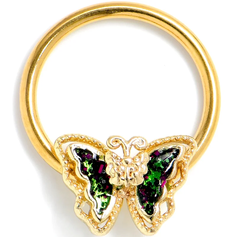 Women's Earrings – Elegant Designs for Every Personality--16 Gauge 3/8 Vitrail Gem Gold Tone Classic Butterfly BCR Captive Ring