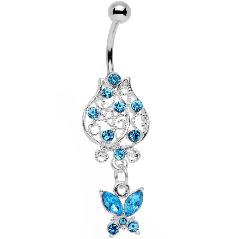 Designer Belly Rings with Exclusive Appeal -Aqua Gem Framework Flower Butterfly Dangle Belly Ring Designer Belly Rings with Exclusive Appeal -Aqua Gem Framework Flower Butterfly Dangle Belly Ring