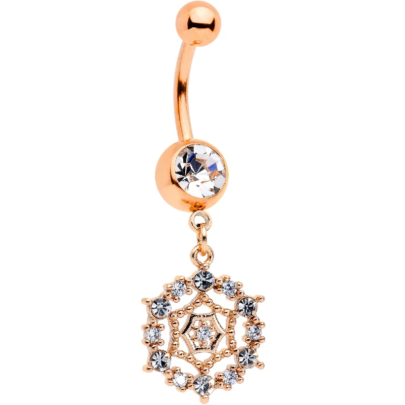 Stylish Belly Rings for Bold Statements -Clear CZ Gem Rose Gold Tone Geometric Web Dangle Belly Ring Stylish Belly Rings for Bold Statements -Clear CZ Gem Rose Gold Tone Geometric Web Dangle Belly Ring