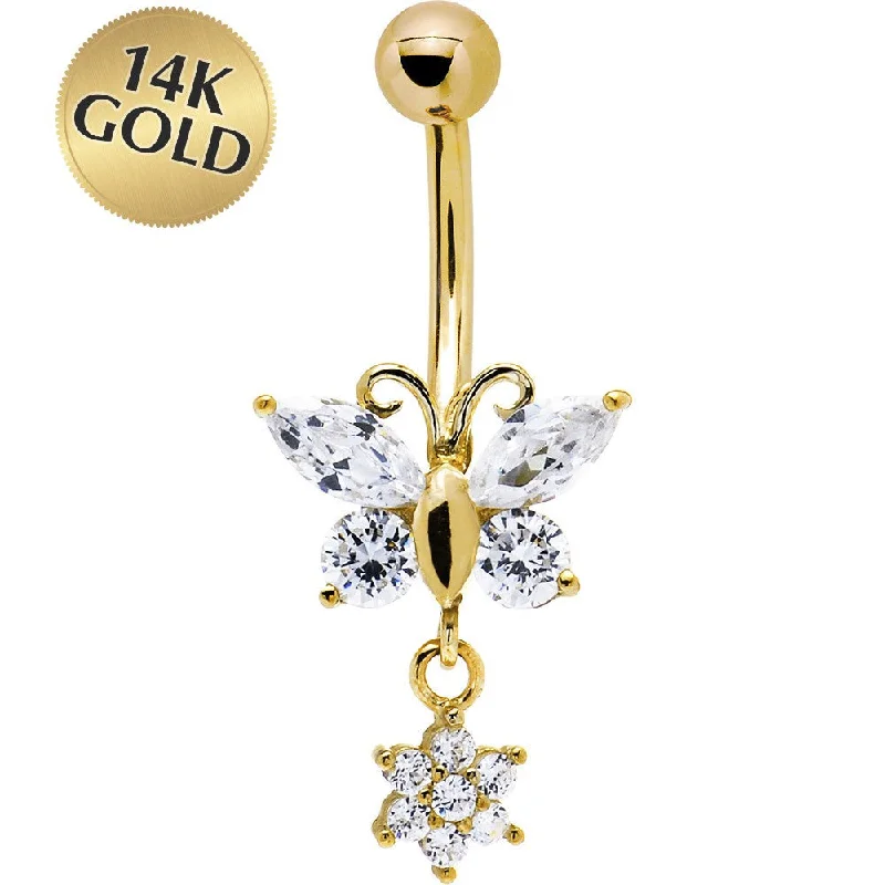 Fashionable Belly Rings for Trendy Looks -16 Gauge Solid 14kt Yellow Gold CZ Flower Butterfly Belly Ring Fashionable Belly Rings for Trendy Looks -16 Gauge Solid 14kt Yellow Gold CZ Flower Butterfly Belly Ring