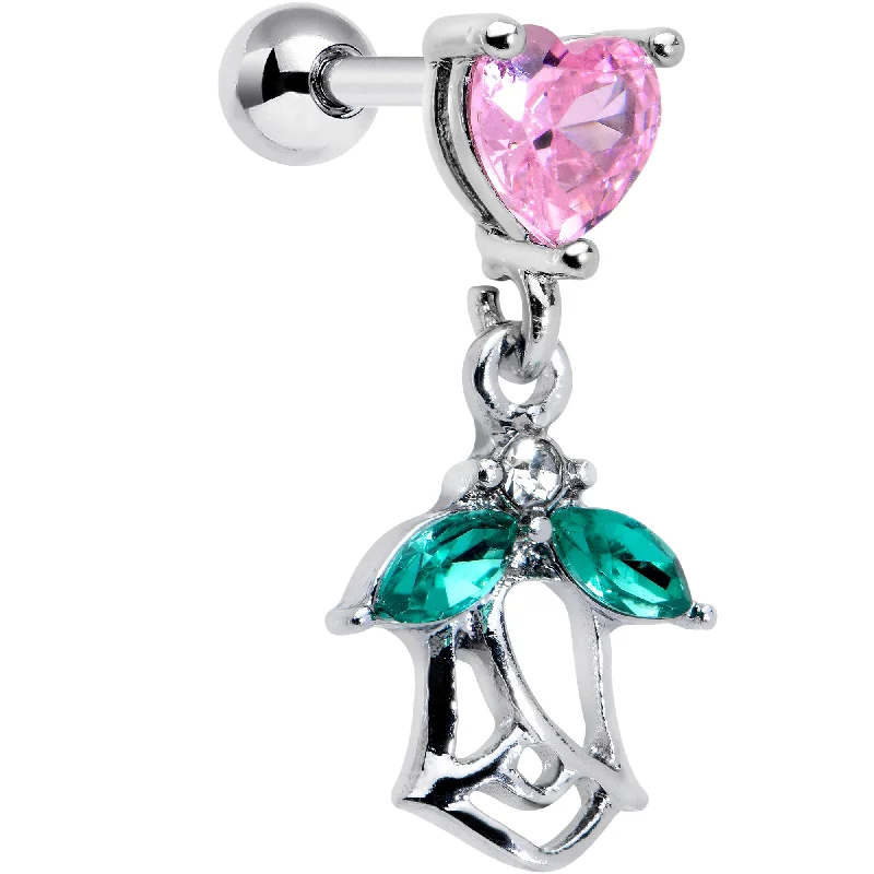 Women's Earrings – Elegant Designs for Every Personality--16 Gauge 1/4 Pink CZ Gem Heart And Rose Dangle Cartilage Earring Women's Earrings – Elegant Designs for Every Personality--16 Gauge 1/4 Pink CZ Gem Heart And Rose Dangle Cartilage Earring
