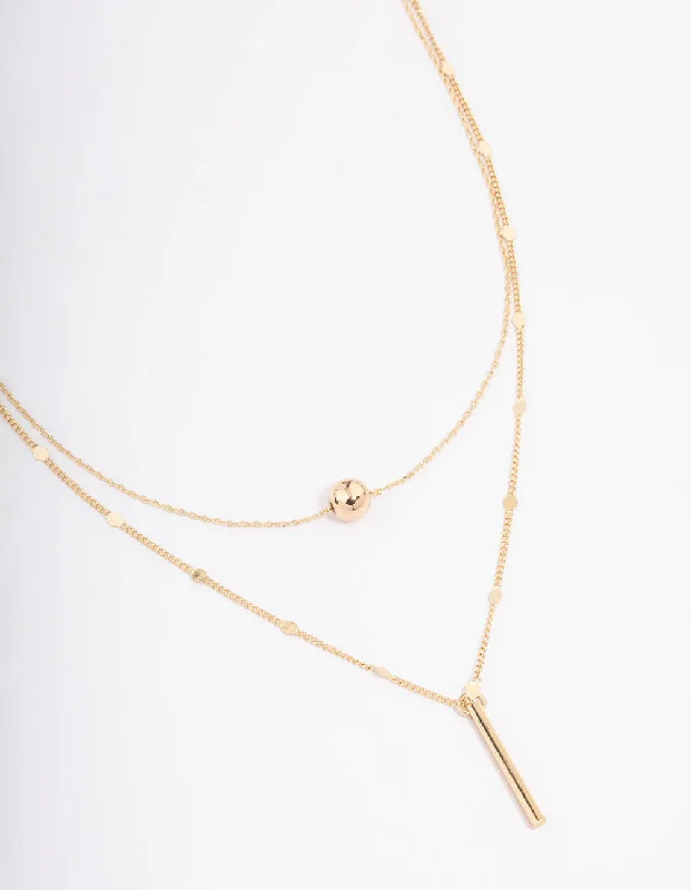 Shop Classic Women's  Necklaces & Pendants with a Modern Twist-Gold Bar & Ball Double Chain Short Necklace