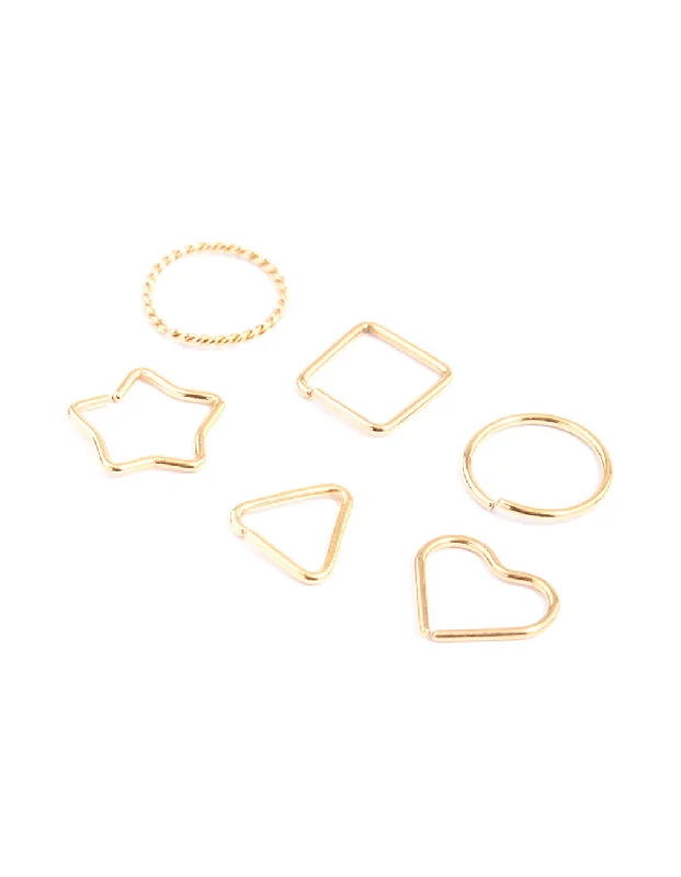 Nose Rings with Sparkling Diamonds -Gold Plated Surgical Steel Geometric Nose Ring 6-Pack Nose Rings with Sparkling Diamonds -Gold Plated Surgical Steel Geometric Nose Ring 6-Pack