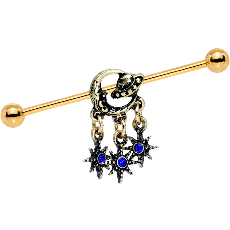 Women's Earrings – Elegant Designs for Every Personality--Blue Gem Gold PVD Moon Men Dreamcatcher Industrial Barbell 38mm Women's Earrings – Elegant Designs for Every Personality--Blue Gem Gold PVD Moon Men Dreamcatcher Industrial Barbell 38mm