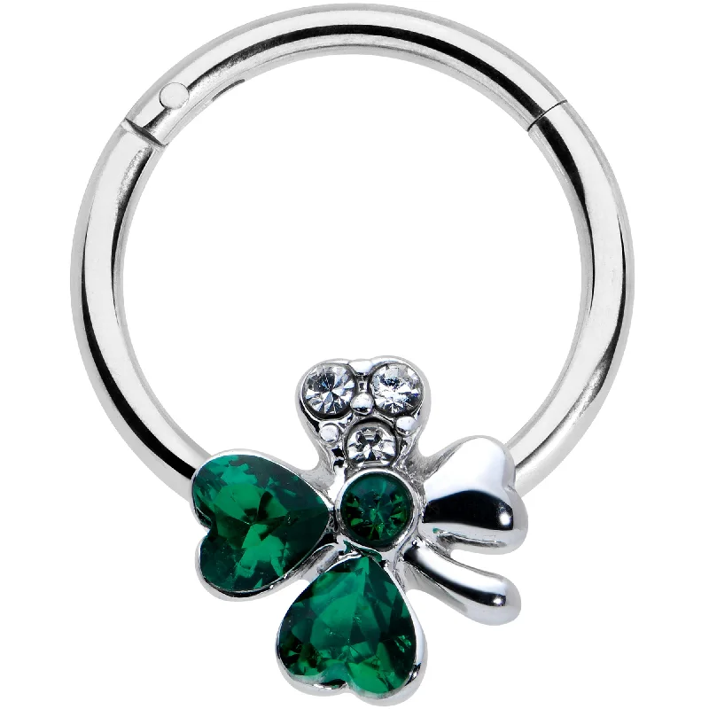 Nose Rings with Sparkling Stone Details -16 Gauge 3/8 Clear Green Gem Shamrock St Patricks Hinged Segment Ring Nose Rings with Sparkling Stone Details -16 Gauge 3/8 Clear Green Gem Shamrock St Patricks Hinged Segment Ring