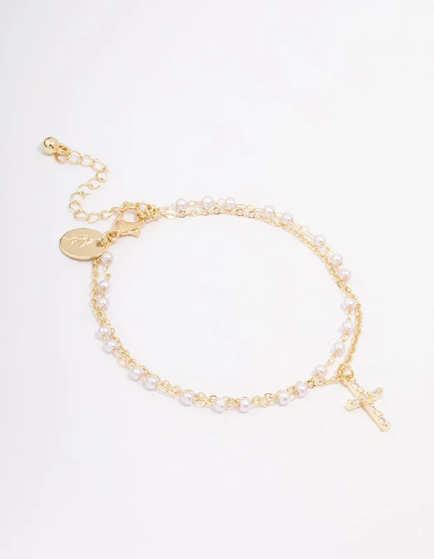 Stackable Silver Bangles for Women-Gold Plated Diamante & Pearl Layered Bracelet
