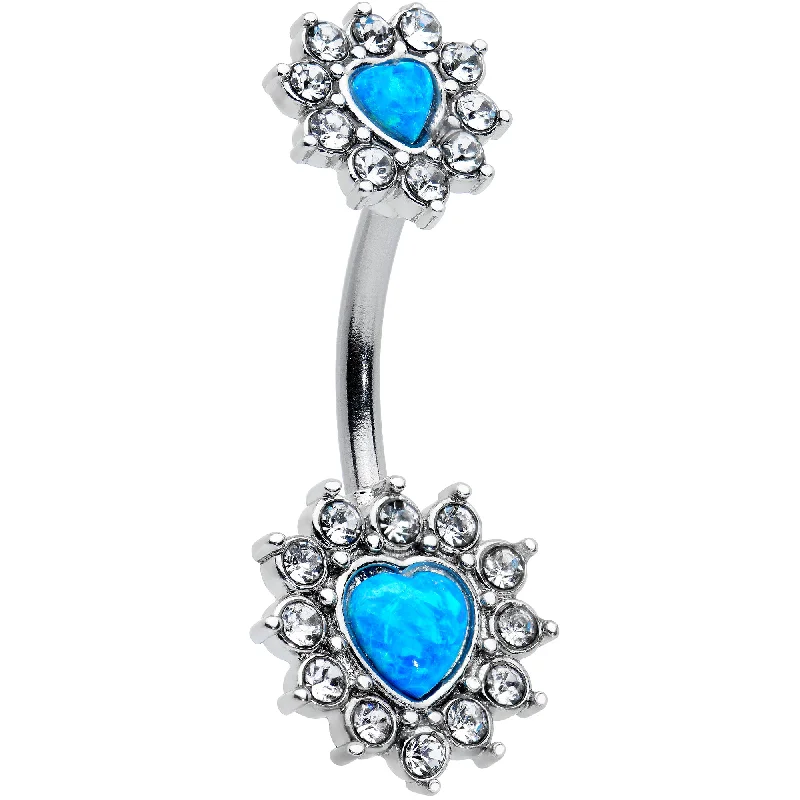 Designer Belly Rings for Fashion-Forward Women -Blue Synthetic Opal Heart Sun Double Mount Belly Ring Designer Belly Rings for Fashion-Forward Women -Blue Synthetic Opal Heart Sun Double Mount Belly Ring
