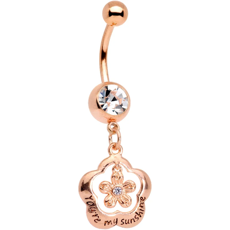 Belly Rings for Chic Fashionistas -Clear Gem Rose Gold Tone Youre My Sunshine Flower Dangle Belly Ring Belly Rings for Chic Fashionistas -Clear Gem Rose Gold Tone Youre My Sunshine Flower Dangle Belly Ring