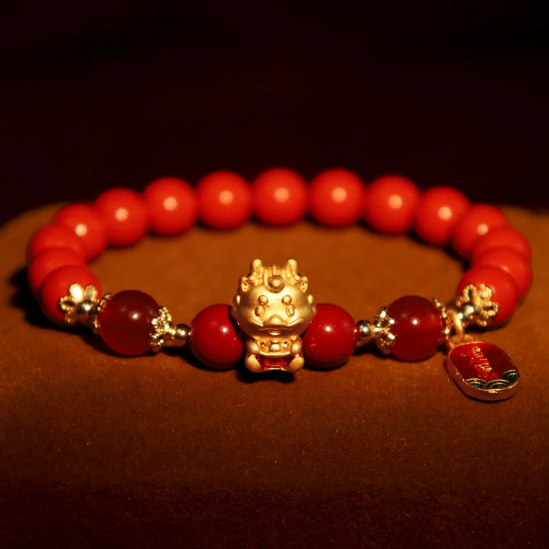 Leather Bangles for Women-Buddha Stones Year of the Dragon Natural Cinnabar Ingot Protection Bracelet