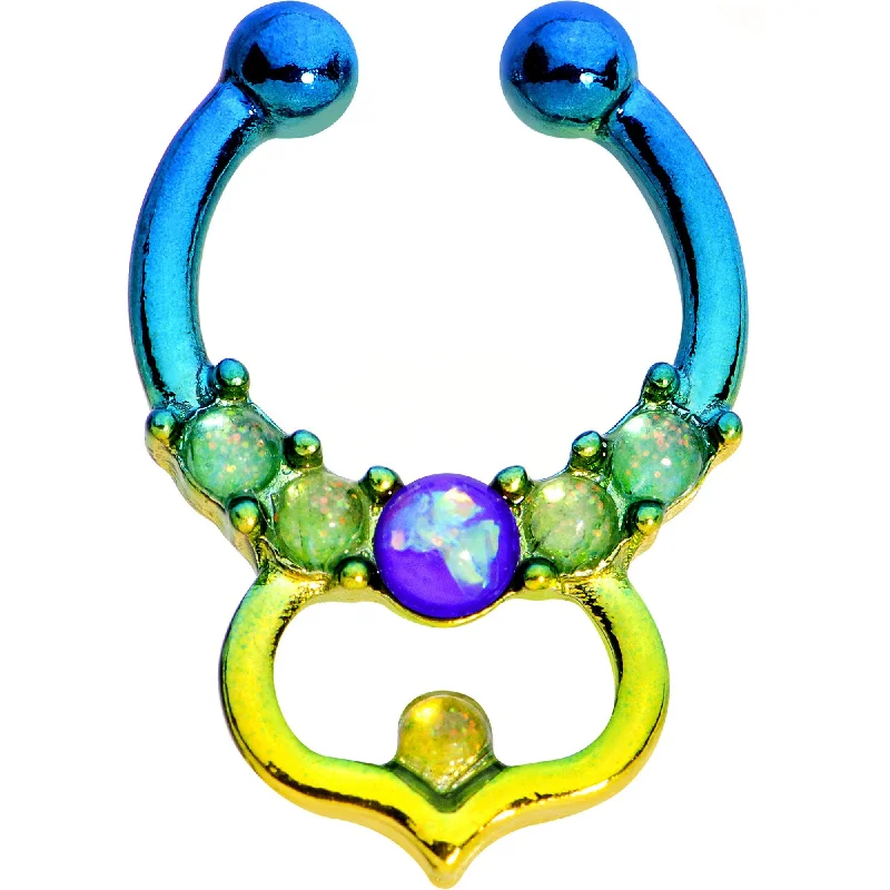 Rose Gold Nose Rings -Blue Faux Opal Teal Yellow Fade Bombay Clip On Fake Septum Ring Rose Gold Nose Rings -Blue Faux Opal Teal Yellow Fade Bombay Clip On Fake Septum Ring