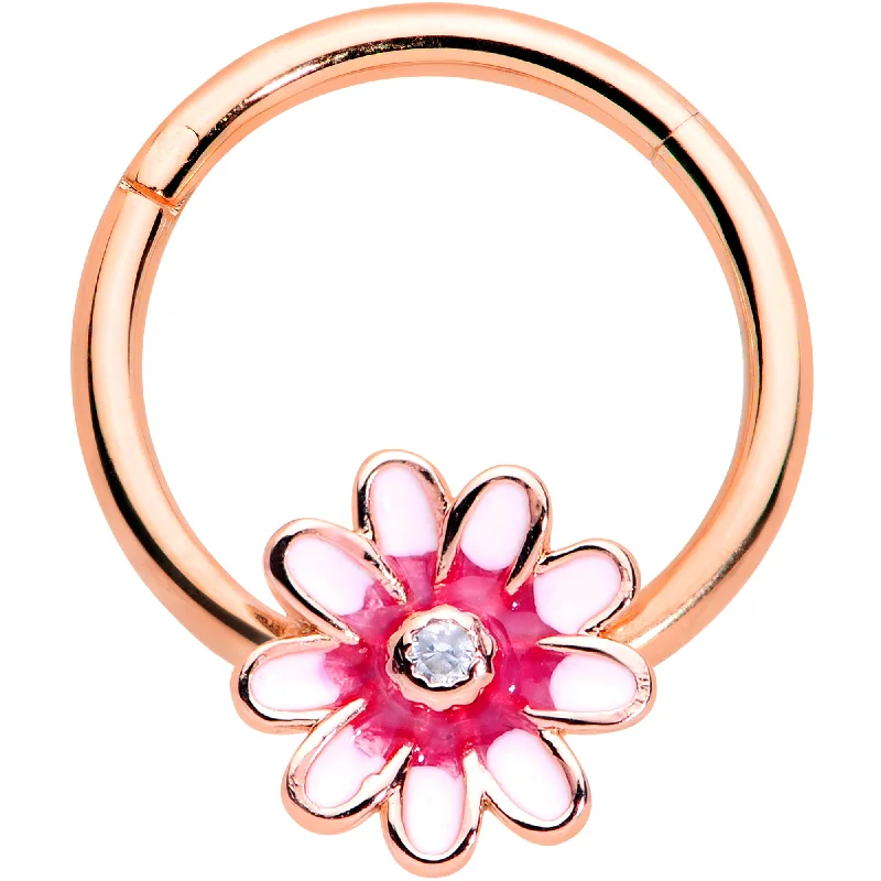 Nose Rings for Cartilage -16 Gauge 3/8 Clear Gem Rose Gold Tone Pink Flower Hinged Segment Ring Nose Rings for Cartilage -16 Gauge 3/8 Clear Gem Rose Gold Tone Pink Flower Hinged Segment Ring