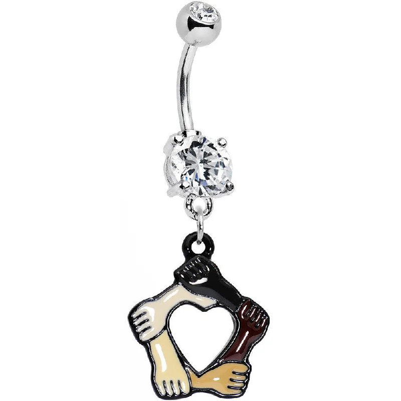 Trendy Belly Rings with Colorful Stones -Clear Gem Coexist No Boundaries Linking Arms Heart Dangle Belly Ring Trendy Belly Rings with Colorful Stones -Clear Gem Coexist No Boundaries Linking Arms Heart Dangle Belly Ring