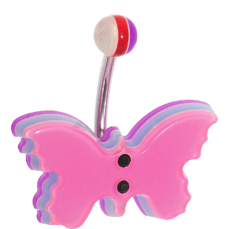 Belly Rings with Beautiful Detailing for Bold Style -Pink Acrylic Multi Layered Floating Butterfly Belly Ring Belly Rings with Beautiful Detailing for Bold Style -Pink Acrylic Multi Layered Floating Butterfly Belly Ring