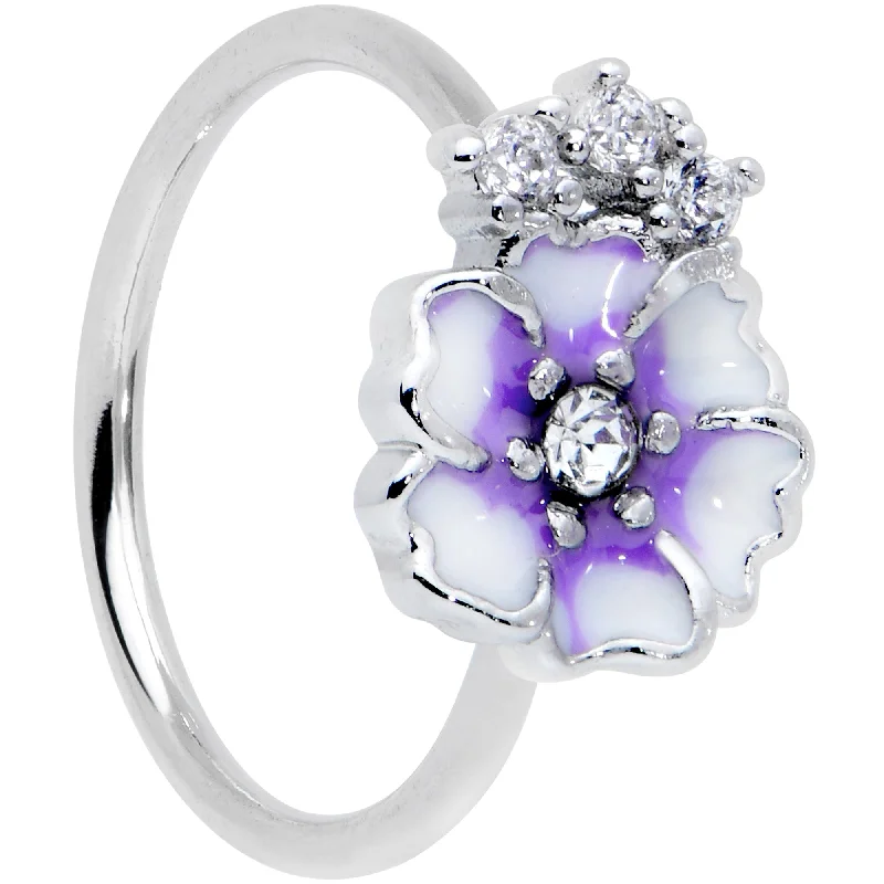Nose Rings for Simple Looks -20 Gauge 5/16 Clear CZ Gem Purple White Flower Nose Hoop