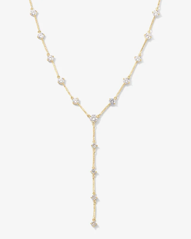 Shop Classic Women's Necklaces & Pendants with a Modern Twist-Lavish Lariat Necklace - Gold|White Diamondettes Shop Classic Women's Necklaces & Pendants with a Modern Twist-Lavish Lariat Necklace - Gold|White Diamondettes