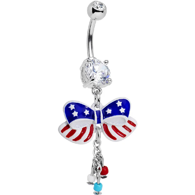 Trendy Belly Rings with Shiny Stones -Clear Red Blue CZ Gem All American Flag Ribbon Dangle Belly Ring Trendy Belly Rings with Shiny Stones -Clear Red Blue CZ Gem All American Flag Ribbon Dangle Belly Ring