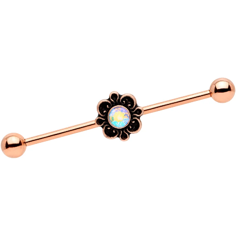 Women's Earrings – Elegant Designs for Every Personality--14 Gauge Aurora Gem Rose Gold Tone Flower Industrial Barbell 38mm