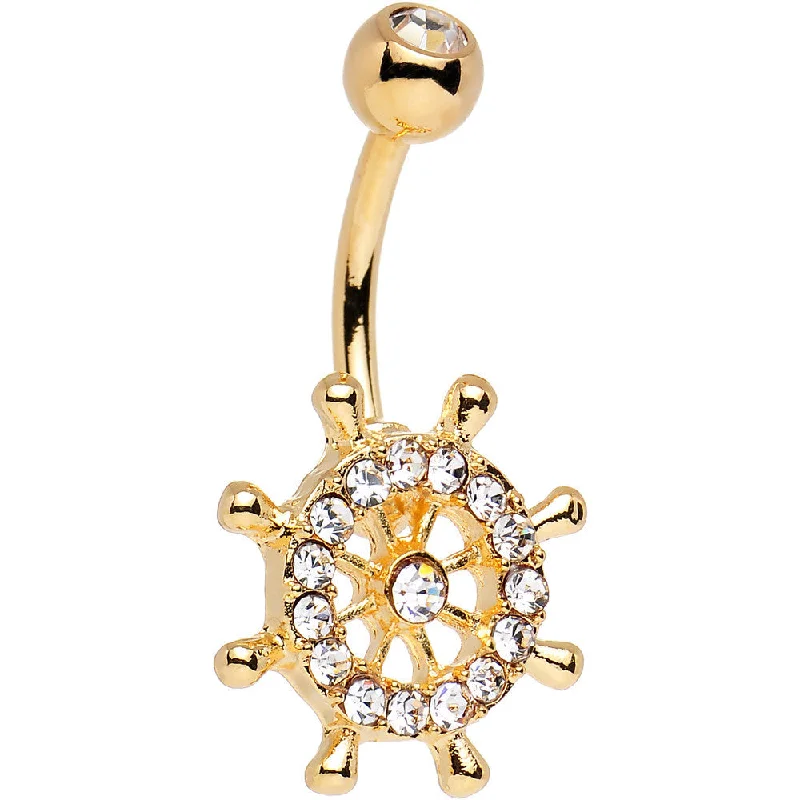 Beautiful Belly Rings for Glamorous Effect -Clear Cubic Zirconia 14KT Gold Plated Skippers Wheel Belly Ring Beautiful Belly Rings for Glamorous Effect -Clear Cubic Zirconia 14KT Gold Plated Skippers Wheel Belly Ring