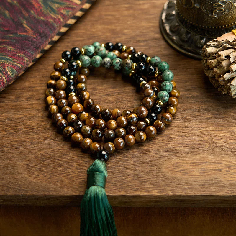 Classic Silver Bracelets for Men-Buddha Stones 108 Mala Natural Stone Tiger Eye Turquoise Beads Tassel Protection Bracelet Classic Silver Bracelets for Men-Buddha Stones 108 Mala Natural Stone Tiger Eye Turquoise Beads Tassel Protection Bracelet