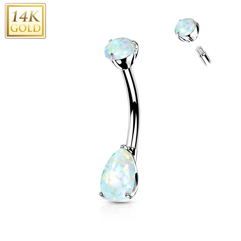Belly Rings with Glittering Stones for Extra Shine -14kt Solid White Gold Double Prong Set Teardrop Synthetic Opal Belly Ring Belly Rings with Glittering Stones for Extra Shine -14kt Solid White Gold Double Prong Set Teardrop Synthetic Opal Belly Ring