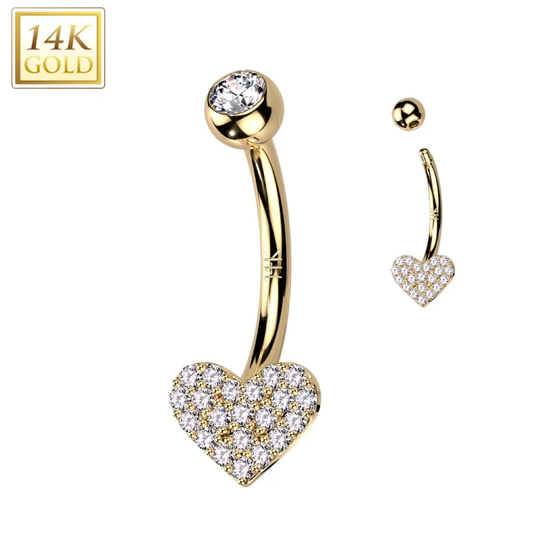 Designer Belly Rings with Stunning Detailing -14kt Solid Yellow Gold Cubic Zirconia Paved Heart Belly Ring Designer Belly Rings with Stunning Detailing -14kt Solid Yellow Gold Cubic Zirconia Paved Heart Belly Ring
