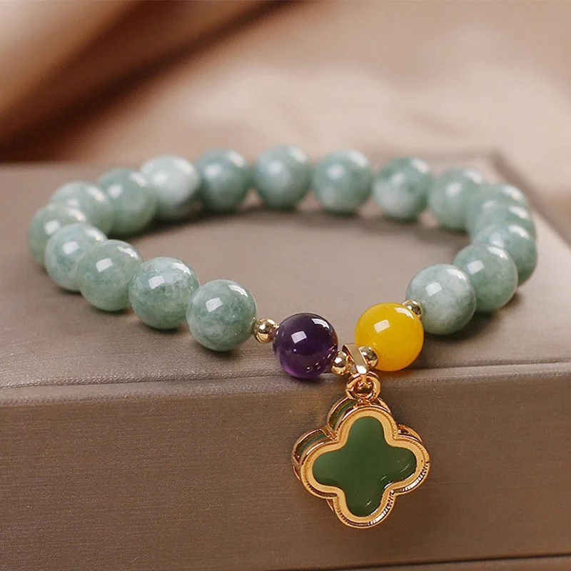 Engraved Bangles for Women-Buddha Stones Jade Four Leaf Clover Luck Bracelet