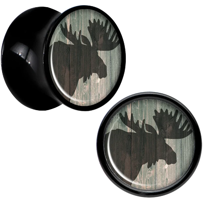 Women's Earrings – Elegant Designs for Every Personality--Holiday Rustic Wood Moose Black Acrylic Saddle Plug Set Sizes 5mm to 20mm
