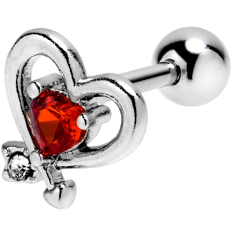 Women's Earrings – Elegant Designs for Every Personality--16 Gauge 1/4 Red CZ Gem Wrapped In Heart Cartilage Tragus Earring