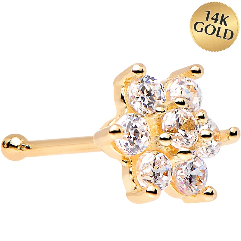 Small Hoop Nose Rings -Solid 14kt Yellow Gold Clear Cubic Zirconia Flower Nose Stud